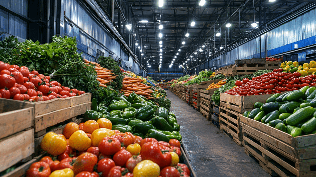 entrepôt rempli de certains types de stocks, notamment des stocks périssables comme des fruits et légumes