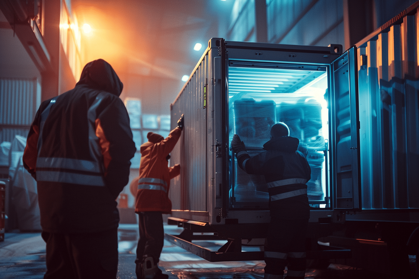 Un conteneur isotherme professionnel est chargé dans un camion frigorifique dans un entrepôt logistique