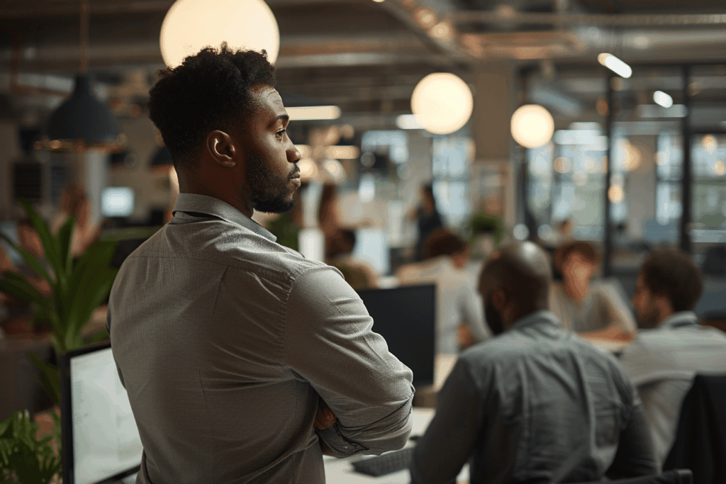 Un professionnel contemple son équipe en pleine action, bras croisés, satisfait de voir ses collaborateurs travailler efficacement.