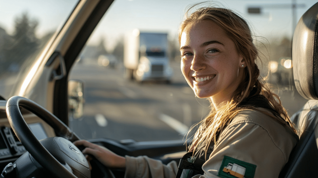 Une joyeuse femme conductrice de poids lourds au volant d'un camion