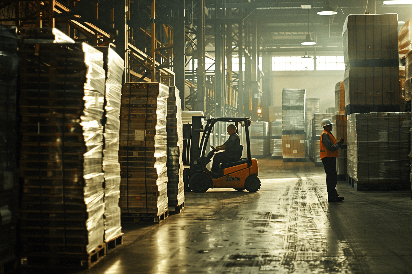 Un opérateur de chariot élévateur dans un entrepôt industriel, effectuant une manœuvre sous la supervision d’un formateur.