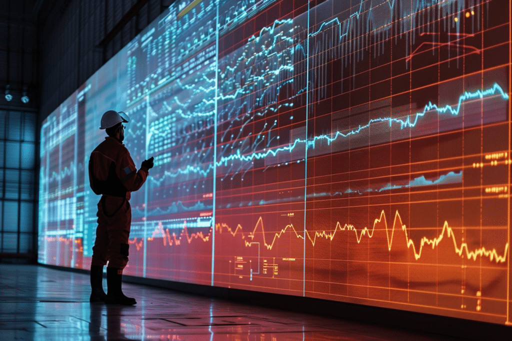 Un grand graphique clair sur un écran numérique, montrant des tendances et projections pour les niveaux de stock dans un entrepôt.