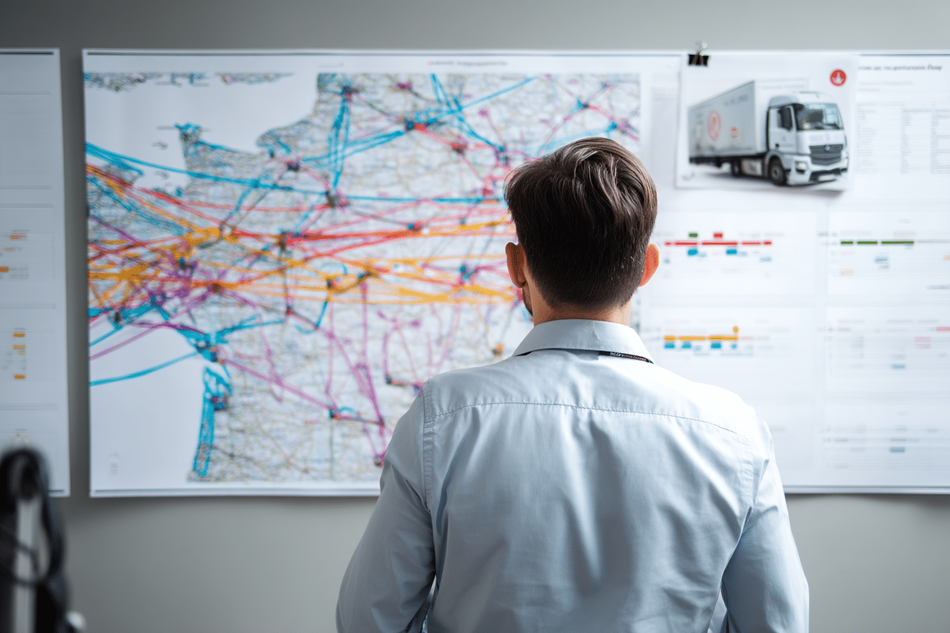 Carte de France affichant les flux de livraison avec un visuel de camion dans un bureau logistique.