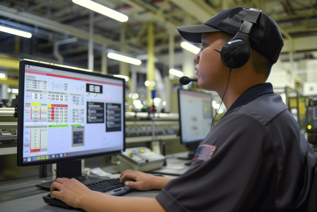 Un opérateur de production assis devant un écran d'ordinateur affichant une interface logicielle conçue pour minimiser les erreurs humaines dans une ligne de production.