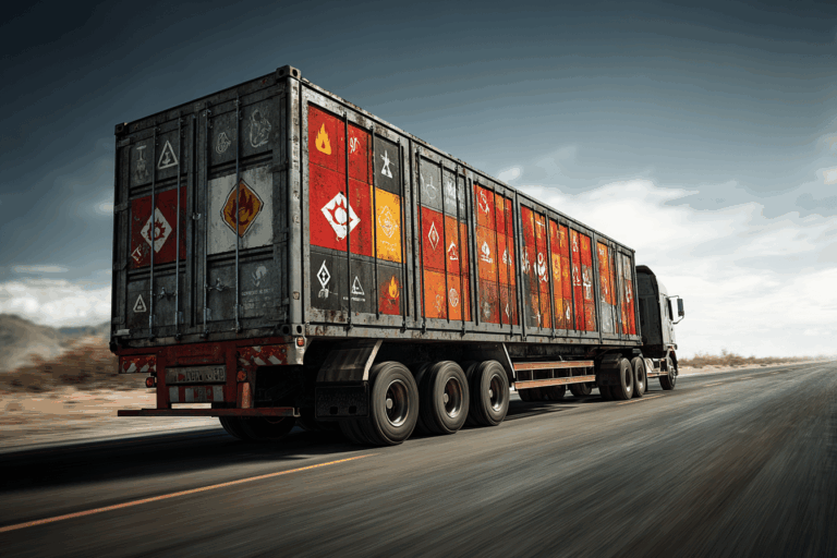 Camion de transport circulant sur route, couvert d’étiquettes de danger, représentant les obligations liées à l’étiquetage des marchandises dangereuses.