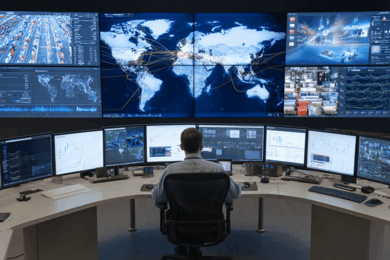Une salle de contrôle moderne avec plusieurs écrans montrant des flux de transport internationaux, des cartes, et des prévisions d’approvisionnement basées sur l’IA.