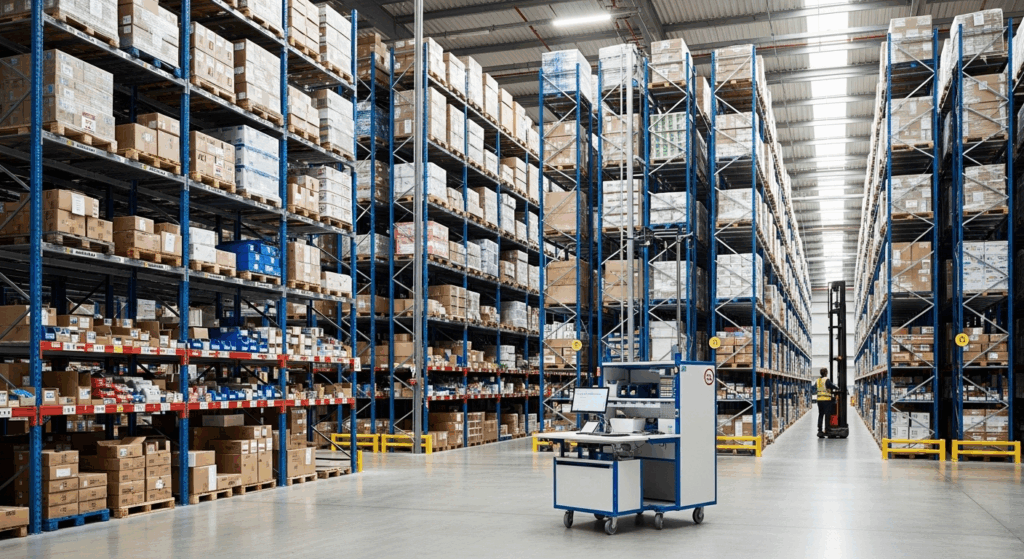 Grand centre de distribution éclairé, montrant de multiples allées de stockage