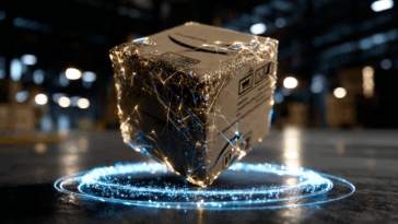 Un réseau de lumière holographique représentant la chaîne logistique, centré sur une unique boîte de carton en suspension.