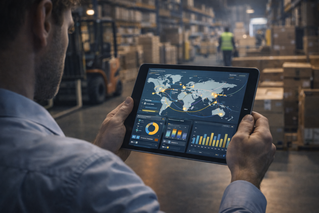 Utilisateur consultant des données supply chain sur tablette pour optimiser l’expérience utilisateur terrain.