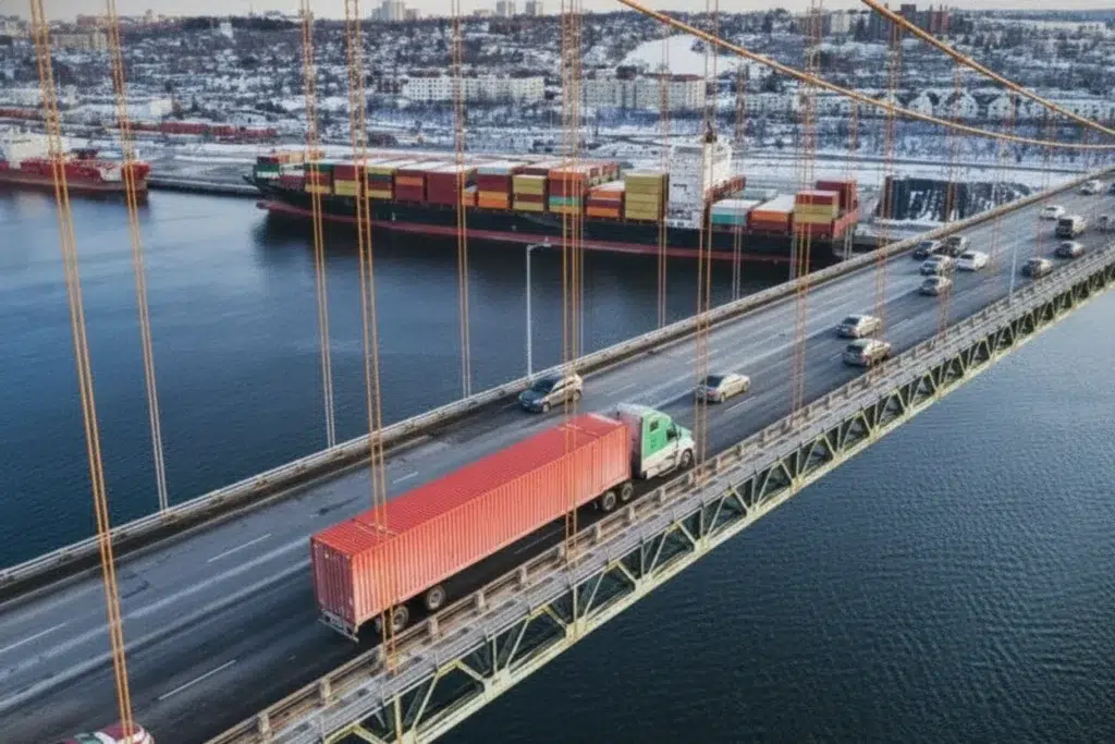 un camion sur le pont de Brooklyn, image illustrant le concept de "fret"