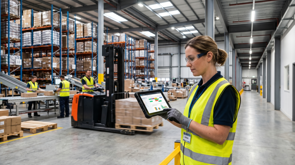 Une salariée qui consulte son SIRH industriel sur sa tablette professionnelle.