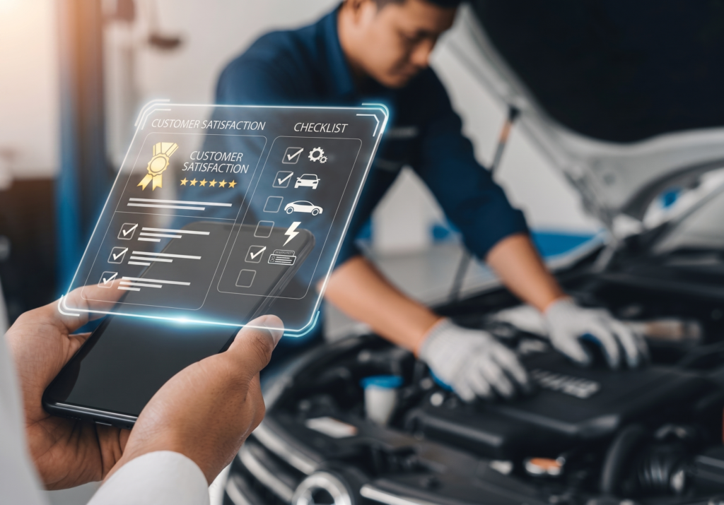 Hologramme de checklist d'inspection de flotte automobile affiché par un smartphone devant un mécanicien.