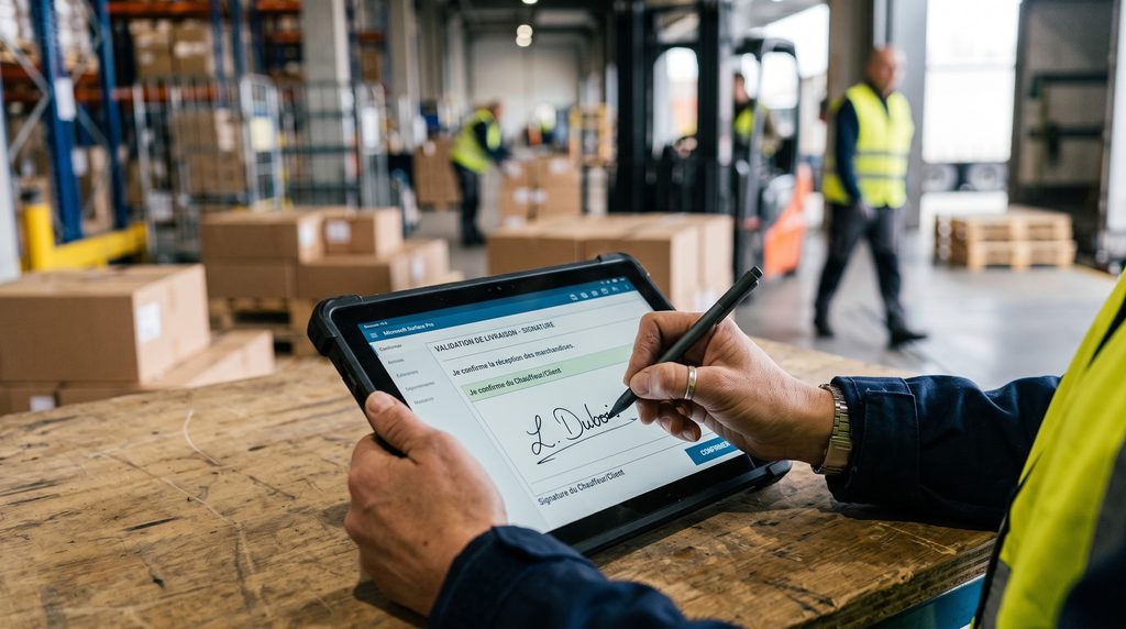 Signature électronique sur une tablette pour valider une livraison en entrepôt dans le cadre de la confiance numérique logistique.