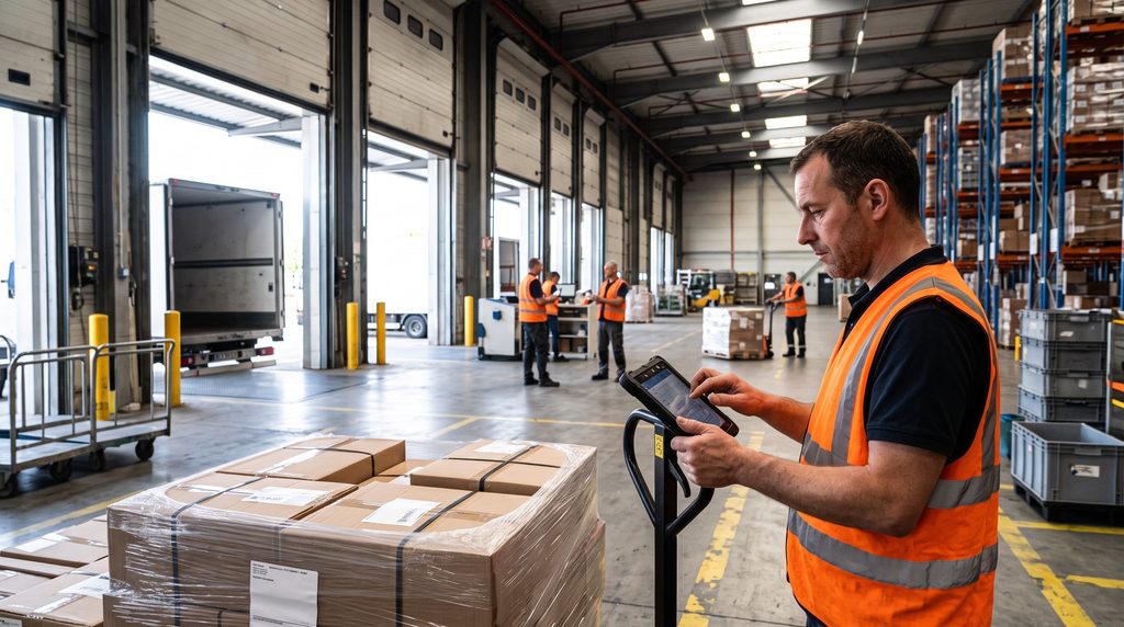 Un employé d'entrepôt utilise une IA de supply chain pour suivre les commandes et les livraisons depuis une tablette.