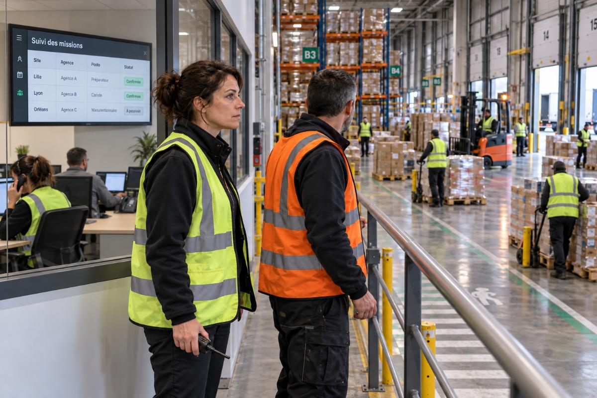 Deux responsables logistiques dans un entrepôt devant un écran de suivi multisite dédié à la gestion des intérimaires