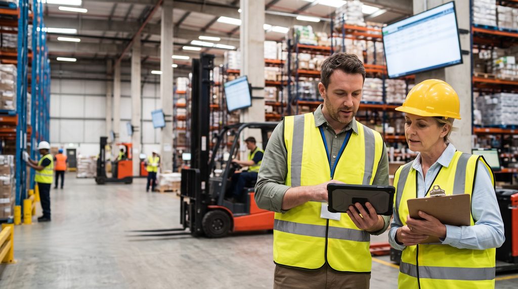 Discussion entre un consultant freelance en supply chain et une responsable logistique dans un grand entrepôt.