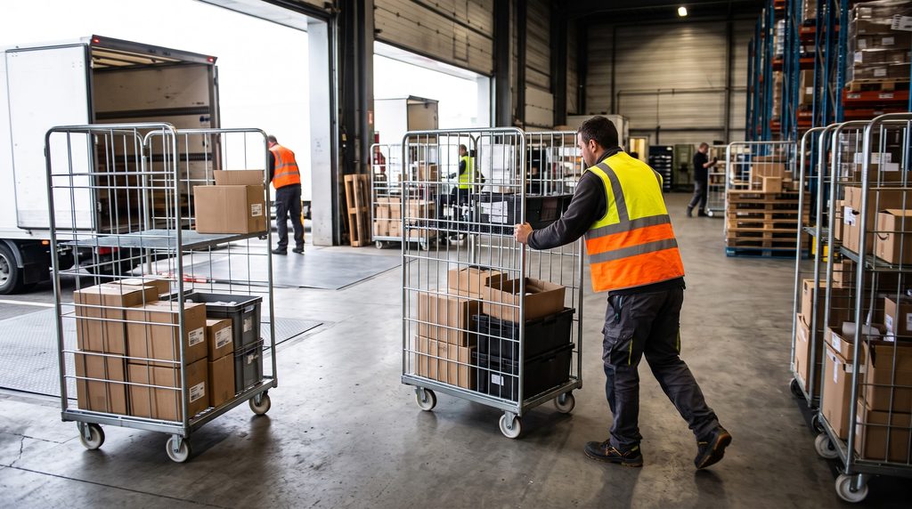 Des employés dans un entrepôt utilise des rolls de transport comme supports de manutention des marchandises.
